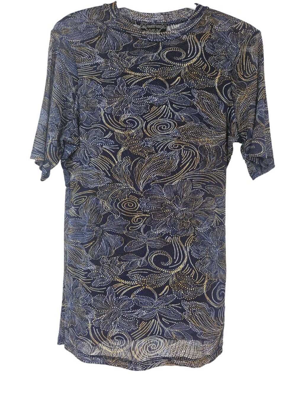 Johnny Was Dajiki Mesh Top Blue Women's Size L Floral Short Sleeve Sheer Summer